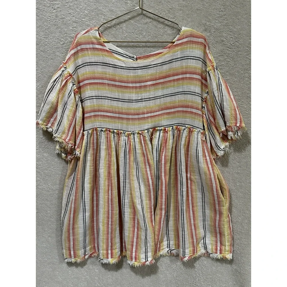 Free People‎ Summer Nights Striped Tunic Dress Size M Raw Edge Multicolor Beach